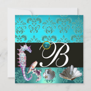 BLUE AQUAMARINE DAMASK BEACH WEDDING MONOGRAM INBJUDNINGAR