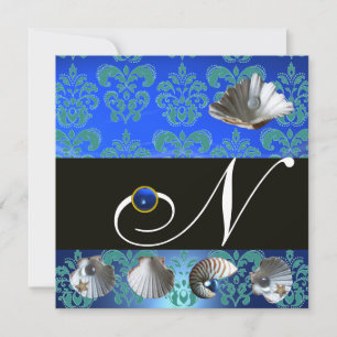 BLUE AQUAMARINE DAMASK BEACH WEDDING MONOGRAM INBJUDNINGAR