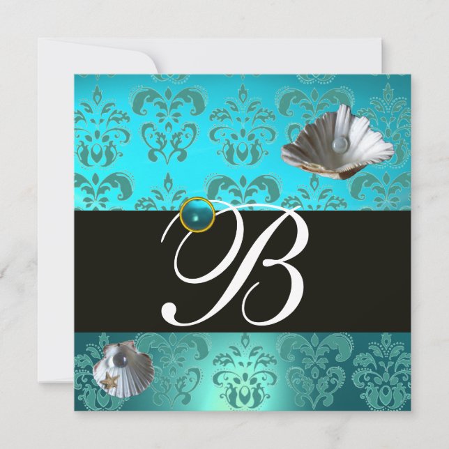 BLUE AQUAMARINE DAMASK BEACH WEDDING MONOGRAM INBJUDNINGAR (Framsida)