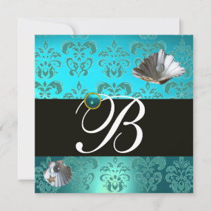 BLUE AQUAMARINE DAMASK BEACH WEDDING MONOGRAM INBJUDNINGAR