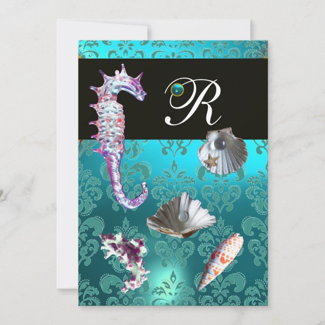 BLUE AQUAMARINE DAMASK BEACH WEDDING MONOGRAM INBJUDNINGAR (Framsida)