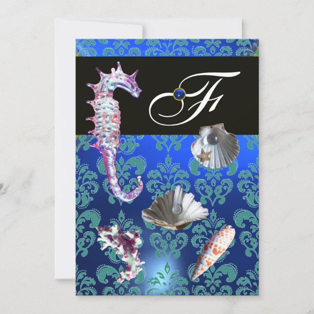 BLUE AQUAMARINE DAMASK BEACH WEDDING MONOGRAM INBJUDNINGAR (Framsida)