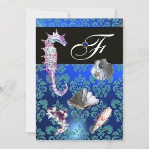 BLUE AQUAMARINE DAMASK BEACH WEDDING MONOGRAM INBJUDNINGAR