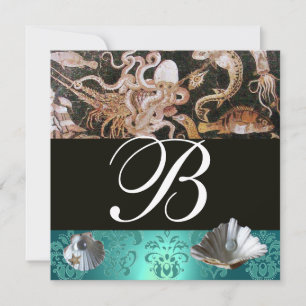 BLUE AQUAMARINE DAMASK BEACH WEDDING MONOGRAM INBJUDNINGAR