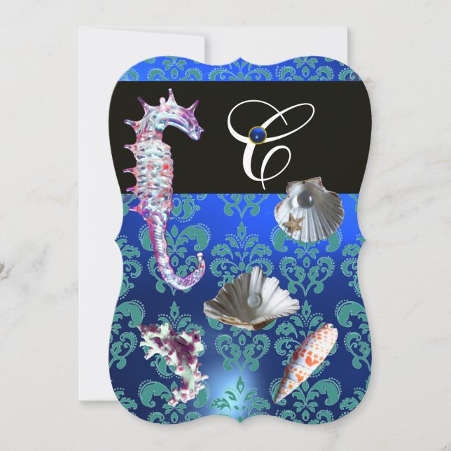 BLUE AQUAMARINE DAMASK BEACH WEDDING MONOGRAM INBJUDNINGAR (Framsida)