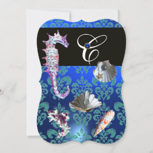 BLUE AQUAMARINE DAMASK BEACH WEDDING MONOGRAM INBJUDNINGAR