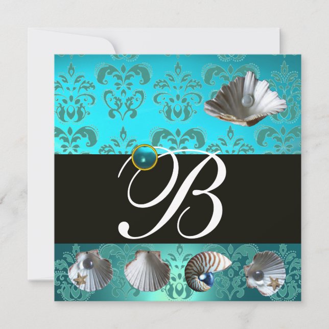 BLUE AQUAMARINE DAMASK BEACH WEDDING MONOGRAM INBJUDNINGAR (Framsida)