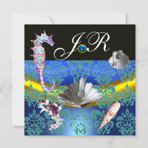 BLUE AQUAMARINE DAMASK BEACH WEDDING MONOGRAM INBJUDNINGAR