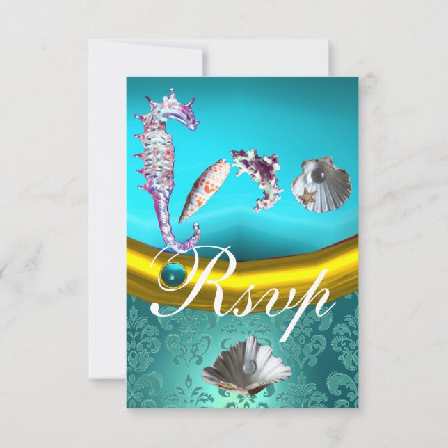 BLUE AQUAMARINE DAMASK BEACH WEDDING MONOGRAM OSA KORT (Framsida)