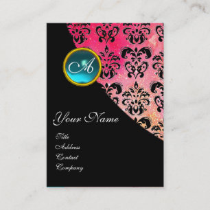 BLUE AQUAMARINE DAMASK MONOGRAM, fuchsia rosa Visitkort