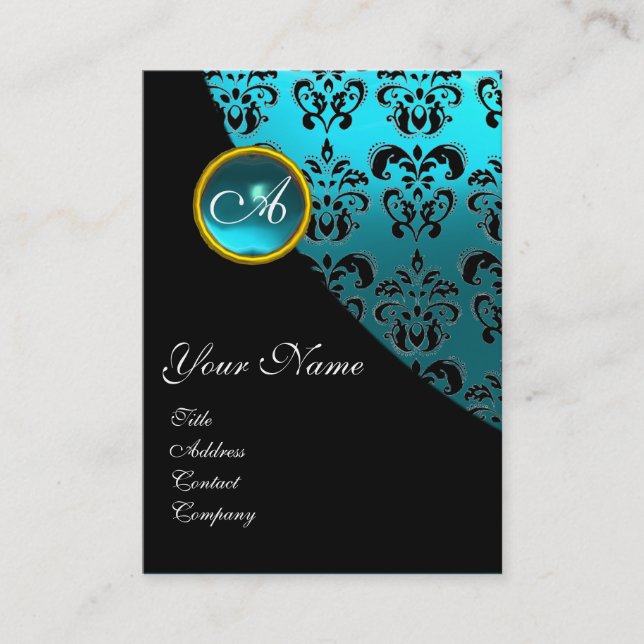 BLUE AQUAMARINE DAMASK MONOGRAM, turkvas Visitkort (Framsida)