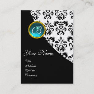 BLUE AQUAMARINE DAMASK MONOGRAM, turquase silver Visitkort