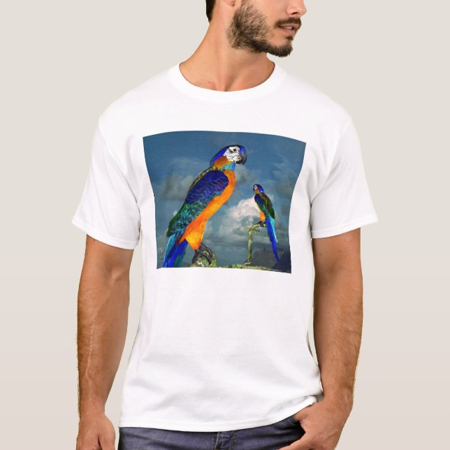 BLUE ARA I Tropiska fåglar i BLÅ HIMMEL T-shirt (Framsida)