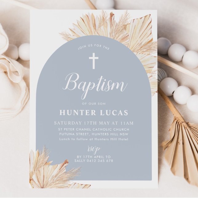Blue Arch Boho Blommigt Boys Baptism Christening Inbjudningar (Blue Boho Baptism Invitation)