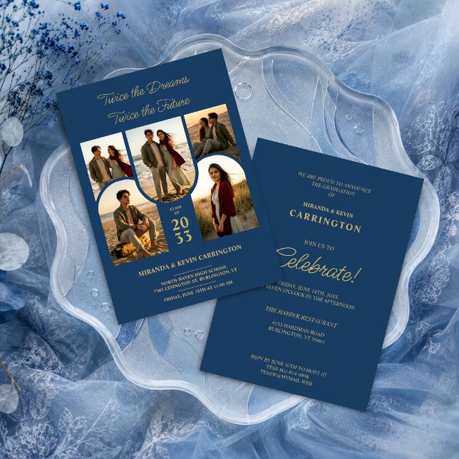 Blue Arched Collage Double Grads Twins TMF26 Inbjudningar (Stylish double graduation invitation with five arched photo placeholders and gold faux effect.)