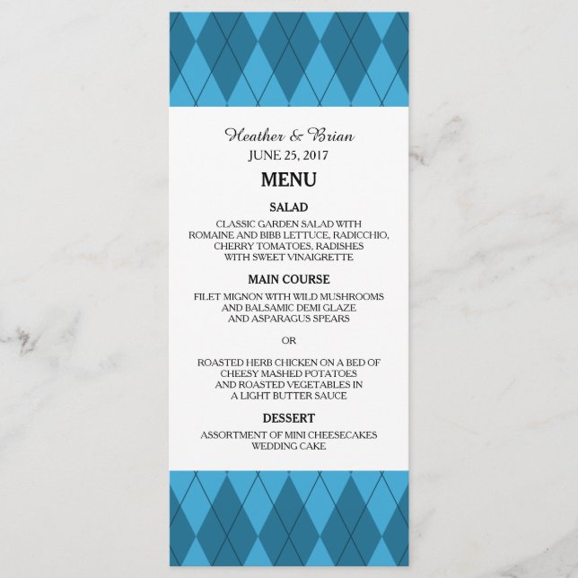 Blue Argyle Bröllop Menu Meny (Framsida)