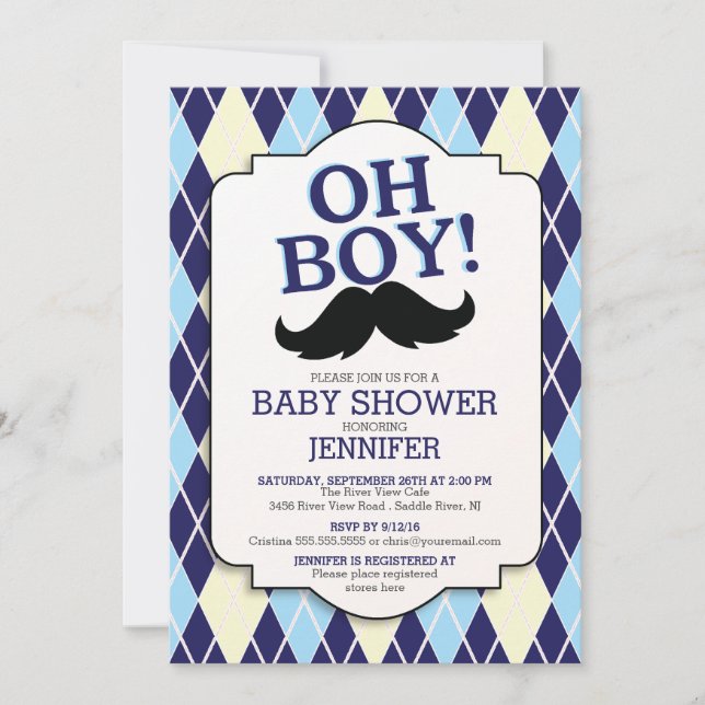 Blue Argyle OH BOY Mustache Baby Shower Inbjudningar (Framsida)