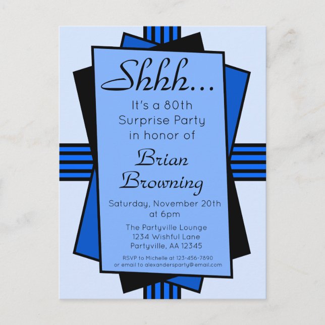 Blue Art Deco 80:e överraskningsdagen Party Inbjudan Vykort (Framsida)