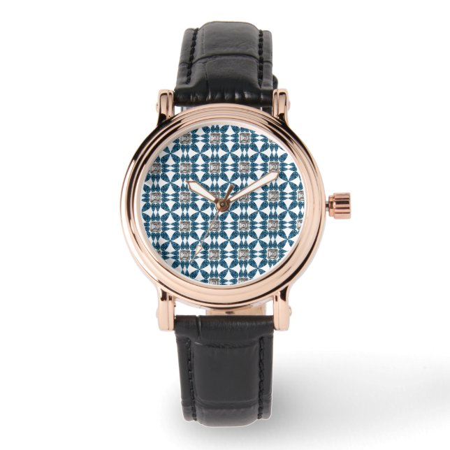 Blue Art Deco Mönster Armbandsur (Framsida)