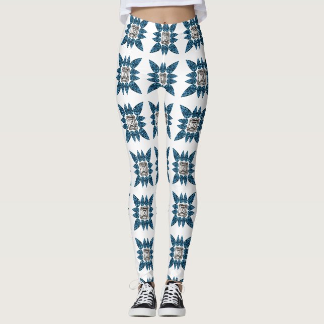 Blue Art Deco Mönster Leggings (Framsida)