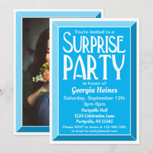 Blue Art Deco Photo Birthday Surprise Party Inbjudningar