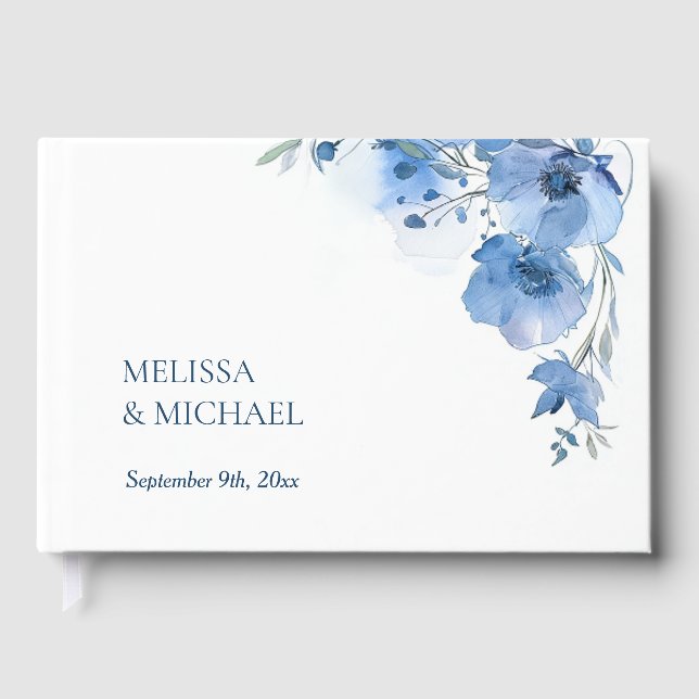 Blue Artistic Watercolor Floral Wedding Gästböcker (Framsida)