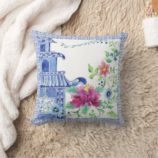 Blue Asian Influence Chinoiserie Blommigt Pagoda Kudde
