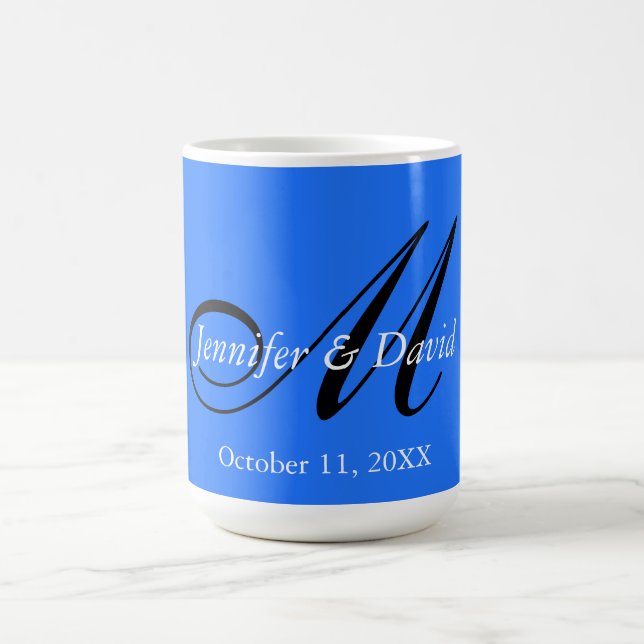 Blue Attractive Charming Monogram Bröllop Kaffemugg (Center)