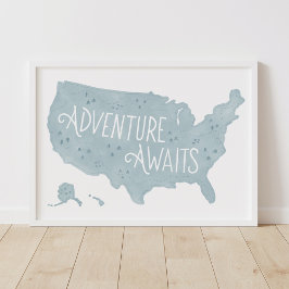 Blue Äventyr Awaits US Karta Kids Room Decor Poster