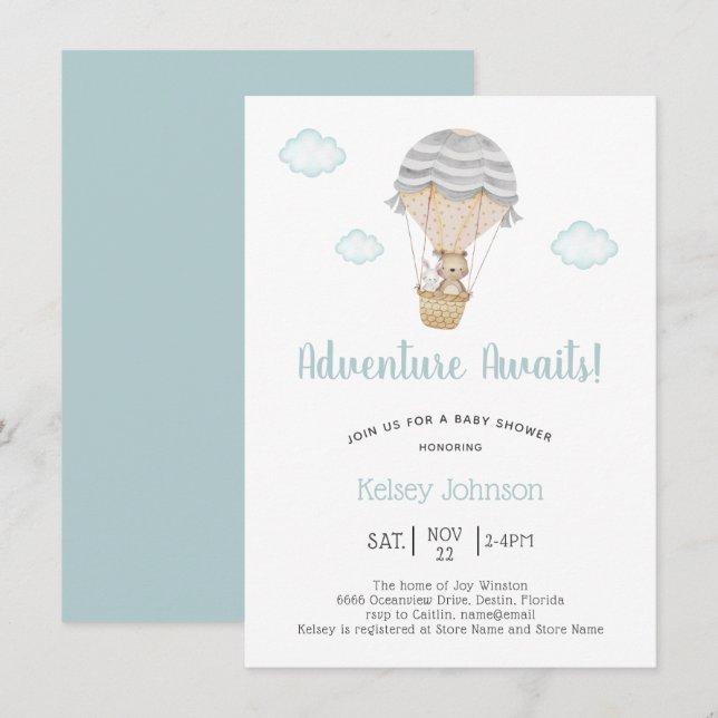 Blue Äventyr Woodland Nalle Baby Shower Inbjudningar (Fram/baksida)