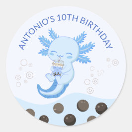 Blue Axolotl Bubble Mjölk Boba Tea Födelsedagsfest Runt Klistermärke