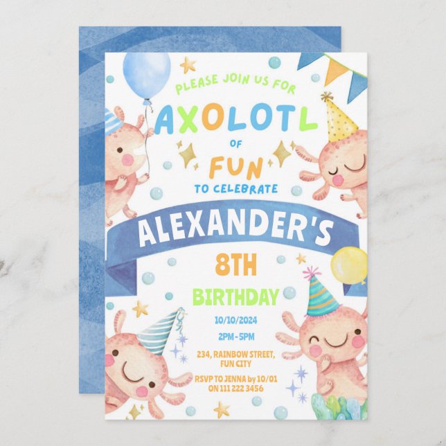 Blue Axolotl Cute Salamander Aquatic Birthday Inbjudningar (Fram/baksida)