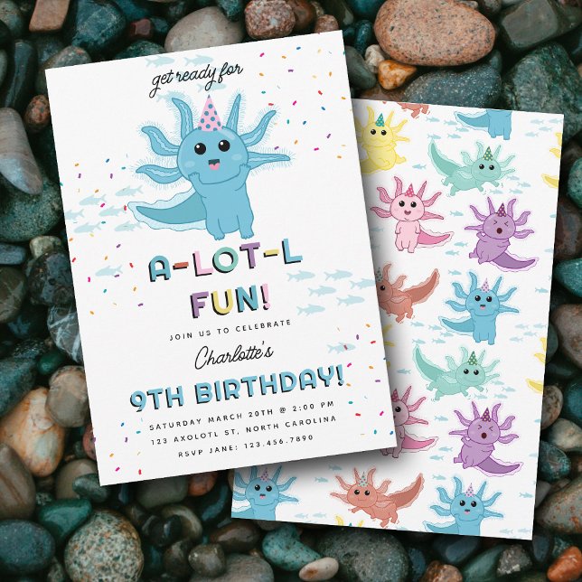 Blue Axolotl Kids Cute Salamander Födelsedagsfest Inbjudningar (Blue Axolotl Kids Cute Salamander Birthday Party Invitation)
