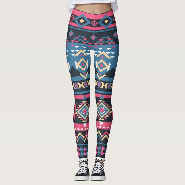 Blue Aztec Mönster Kvinnliga baljväxter Leggings (Framsida)