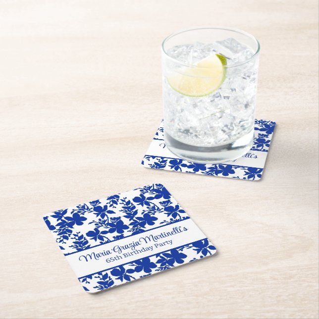 Blue Azure-Blommönster | Chicens Födelsedagsfest Underlägg Papper Kvadrat (Insitu)