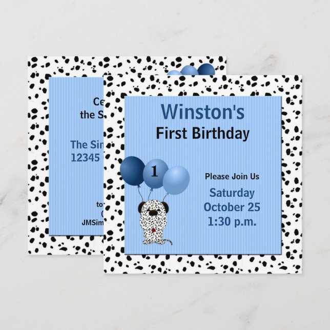 Blue Baby 1st Birthday Party Dalmatian Theme Inbjudningar (Fram/baksida)