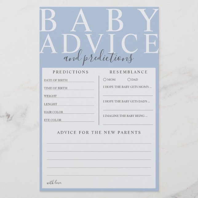 Blue Baby Advice & Predictions Baby Shower Game (Framsida)