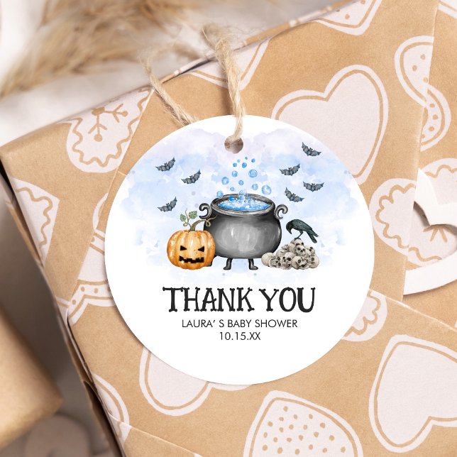 Blue Baby andas Halloween Baby Shower Round Gåvor Etiketter (Blue Baby is Brewing Halloween Baby Shower Round Favor Tags)