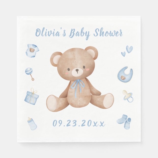 Blue Baby Bear Boy Cute Baby Shower Pappersservett (Framsidan)