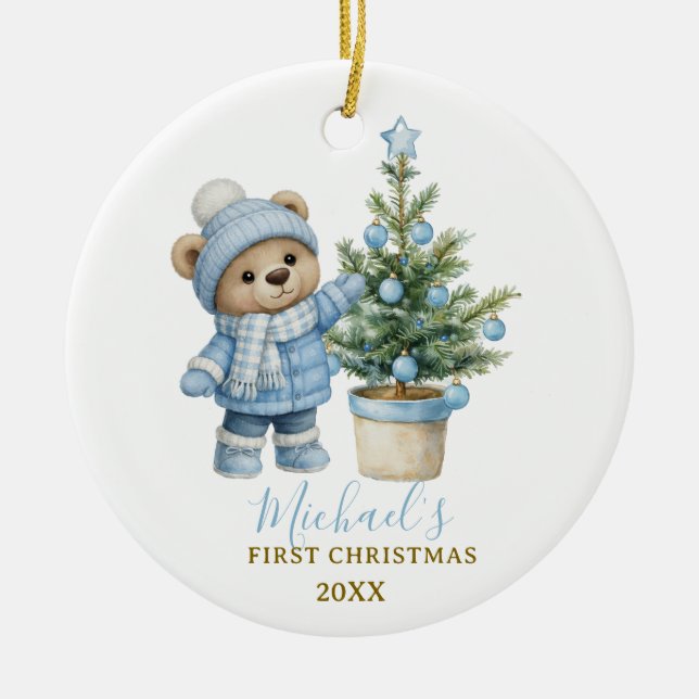 Blue Baby Bear First Christmas Keepsake Julgransprydnad Keramik (Framsidan)