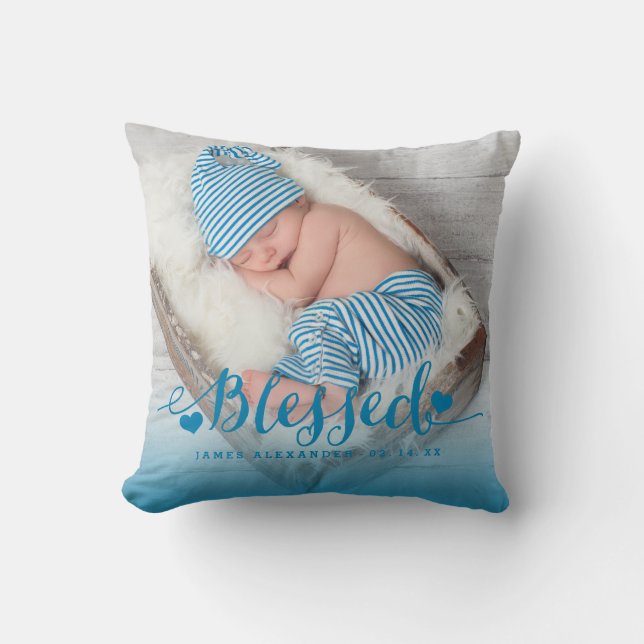 Blue Baby Birth Photo Keepsak Dekorativ kudde (Framsida)