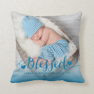 Blue Baby Birth Photo Keepsak Dekorativ kudde