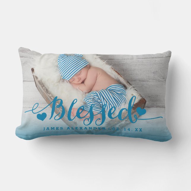 Blue Baby Birth Photo Keepsaké Pillow Lumbarkudde (Framsida)