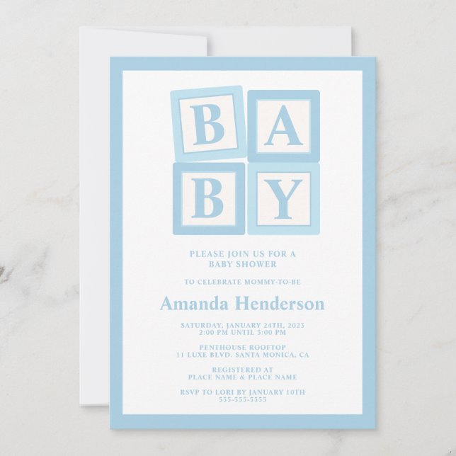 Blue Baby Blocks Boy Shower Inbjudningar (Framsida)