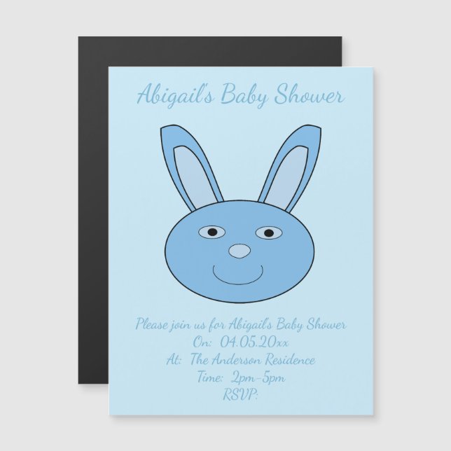Blue Baby Boy Bunny Face Spring Easter Baby Shower Magnetisk Inbjudningskort (Fram/baksida)