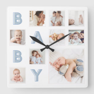 Blue Baby Brev Newborn Baby Photo Grid Collage Fyrkantig Klocka