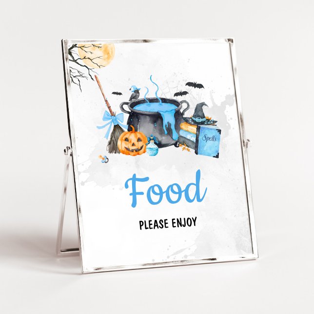 Blue Baby brygger Witch Food-skylt Poster (Boy Halloween Witch Baby Shower Food Sign)