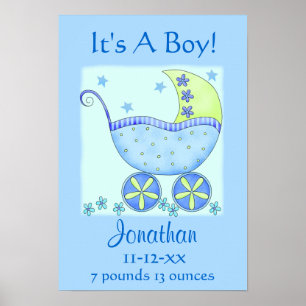 Blue Baby Buggy Boy Namn Birth Announcement Art Poster