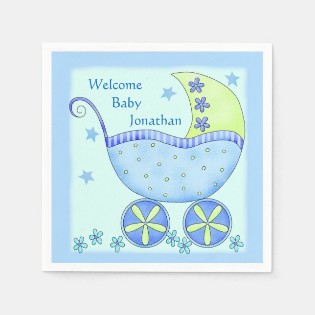 Blue Baby Buggy Boy Welcome Party Shower Pappersservett (Framsidan)