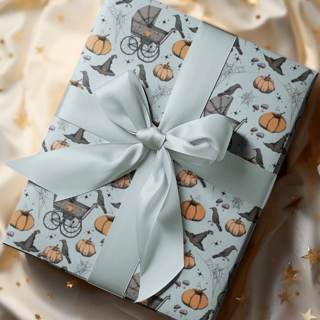Blue Baby Carriage Halloween Presentpapper (French Blue Gothic Halloween Baby Shower / October Birthday Vintage Baby Carriage & Pumpkins Pattern)